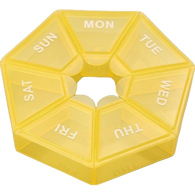 Cutie separator medicamente cu zilele saptamanii, Kaveny, Plastic, 7 compartimente, Galben