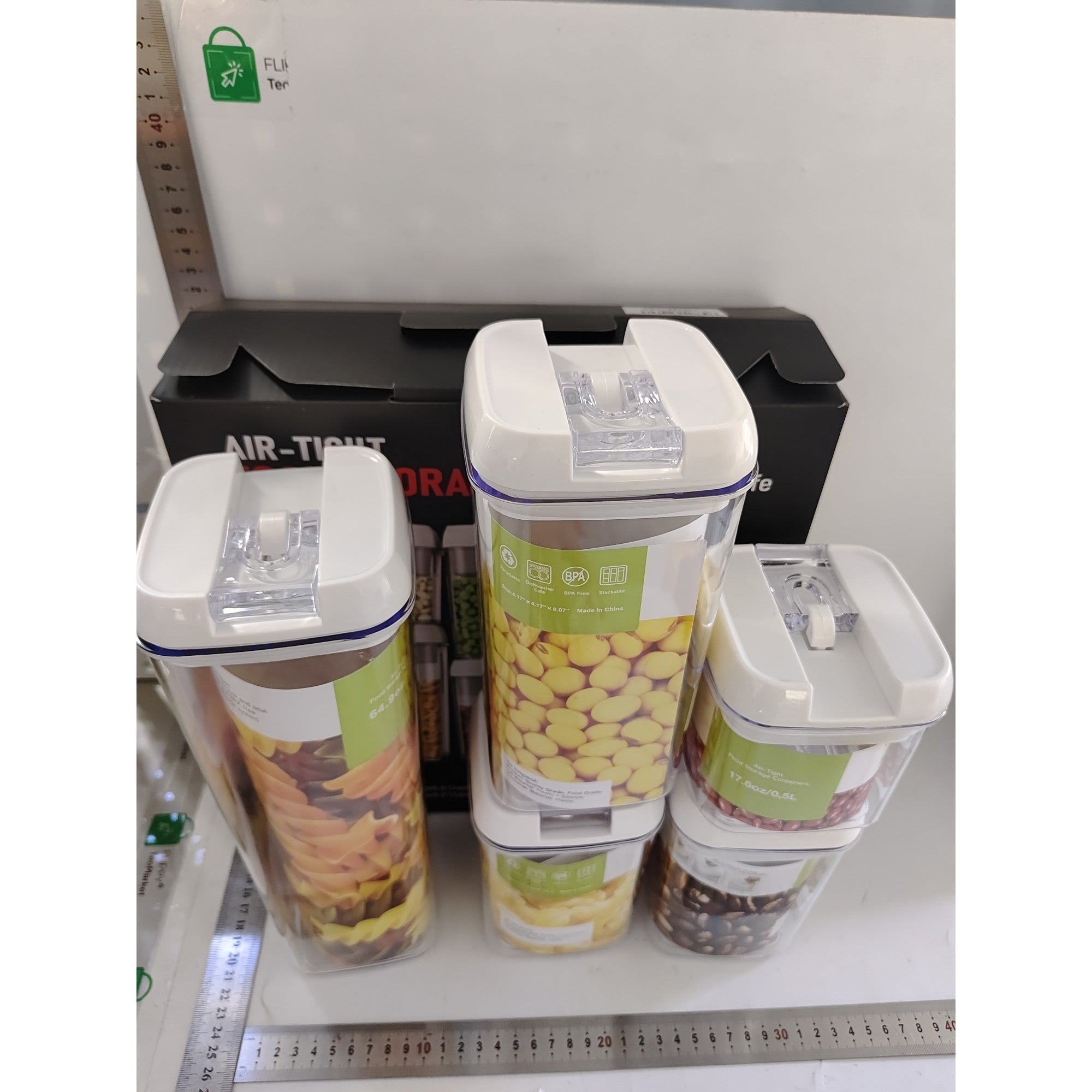 Cutii de Depozitare Alimente, Kadeny, set din 5 Cutii pentru Condimente, Volumetrie 0.5l, 0.8l, 1.2l, 1.9l, Transparente cu Capac Alb