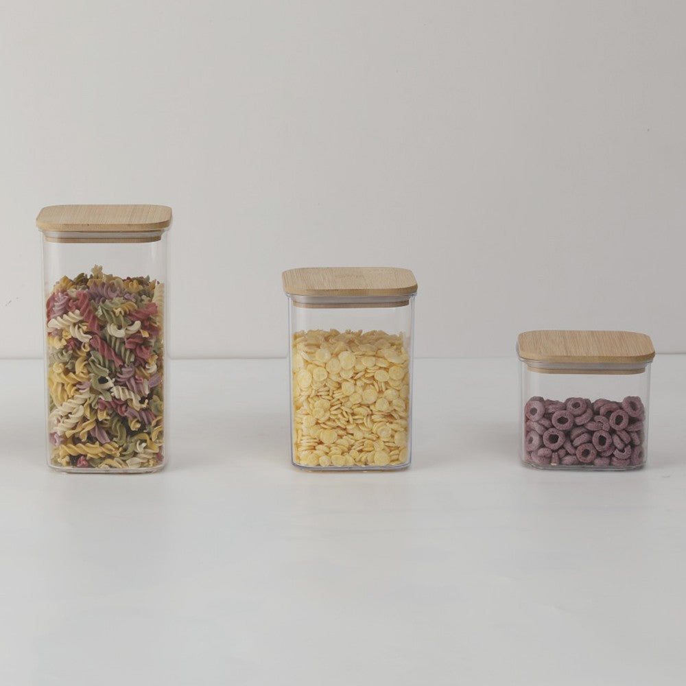 Cutii de Depozitare Alimente, Kadeny, Set din 6 Cutii de tip Container, Cutii pentru Cereale, din Plastic, Capac din Bambuc, 2pc 0.5 l. 2pc 0.8 l, 2pc 1.2 l, Transparente