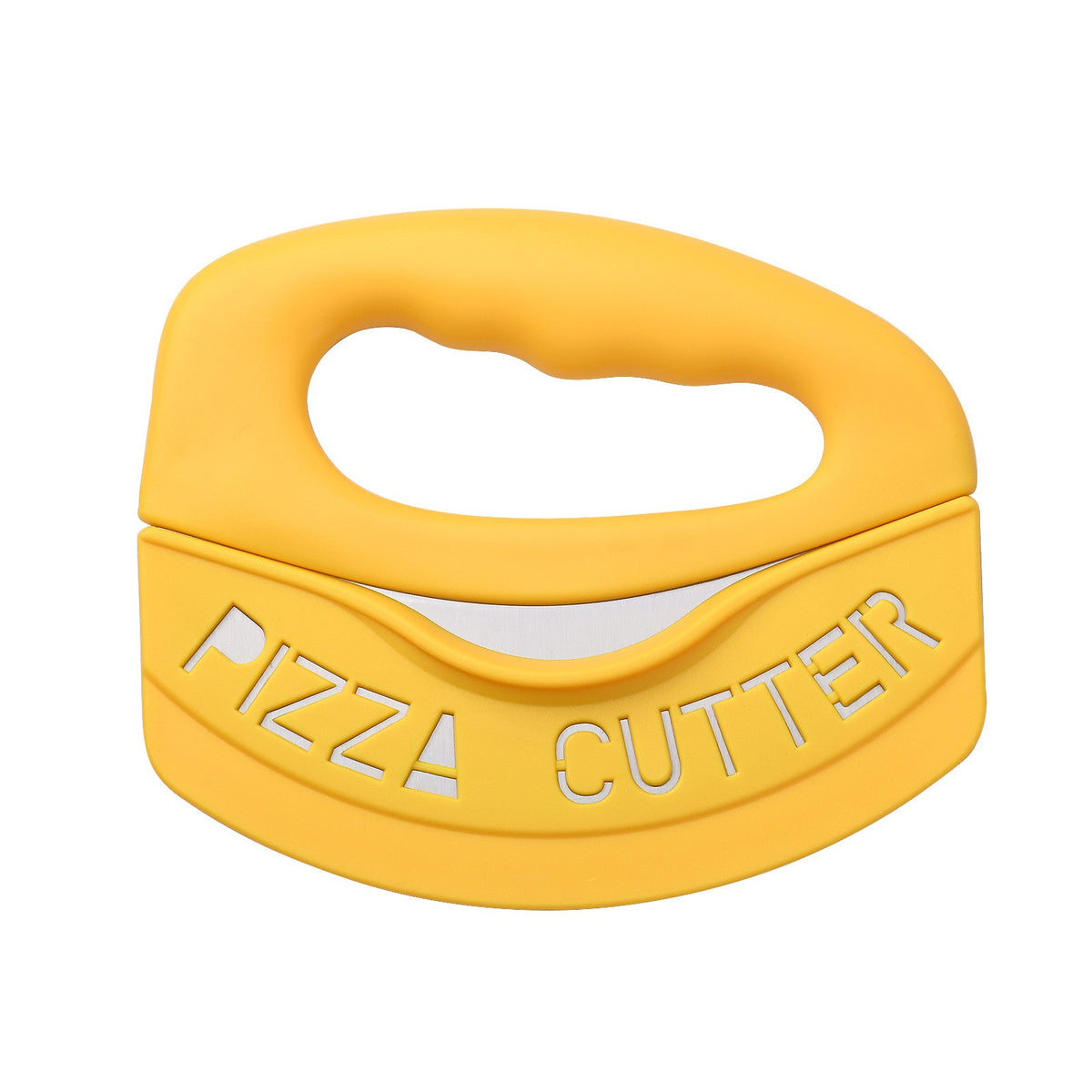 Cutit pentru taiat pizza Kaveny, cu protectie din silicon pentru lama, inox, 15.5 cm, galben