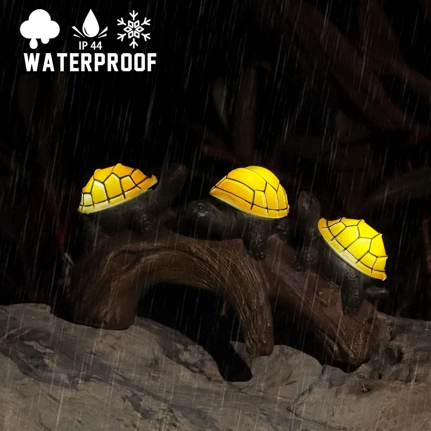 Decoratiune Ornament pentru Gradina, Kadeny, Decoratiune pentru Gradina, Model 3 Broscute Testoase Asezate pe Bustean, Lumini LED Alb Cald, 22 x 12 x 15 cm, Negru