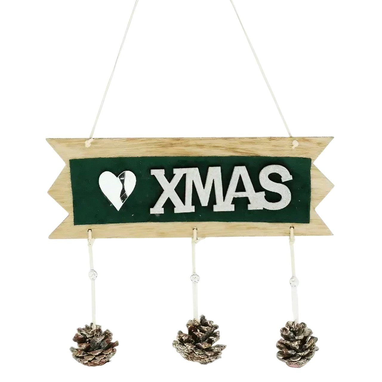 Decoratiune Craciun din Lemn, Kadeny, Model Scris Xmas, Conuri Atarnate, cu Inimioara 25x9 cm, pentru Brad sau Usa, Verde/Argintiu