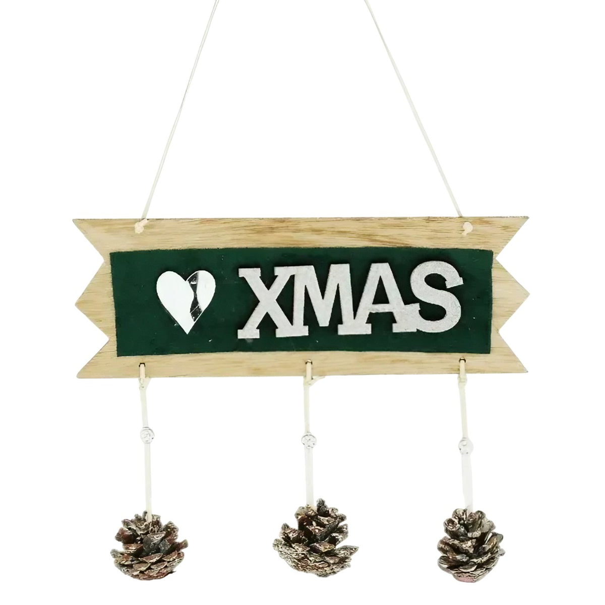 Decoratiune Craciun din Lemn, Kadeny, Model Scris Xmas, Conuri Atarnate, cu Inimioara 25x9 cm, pentru Brad sau Usa, Verde/Argintiu