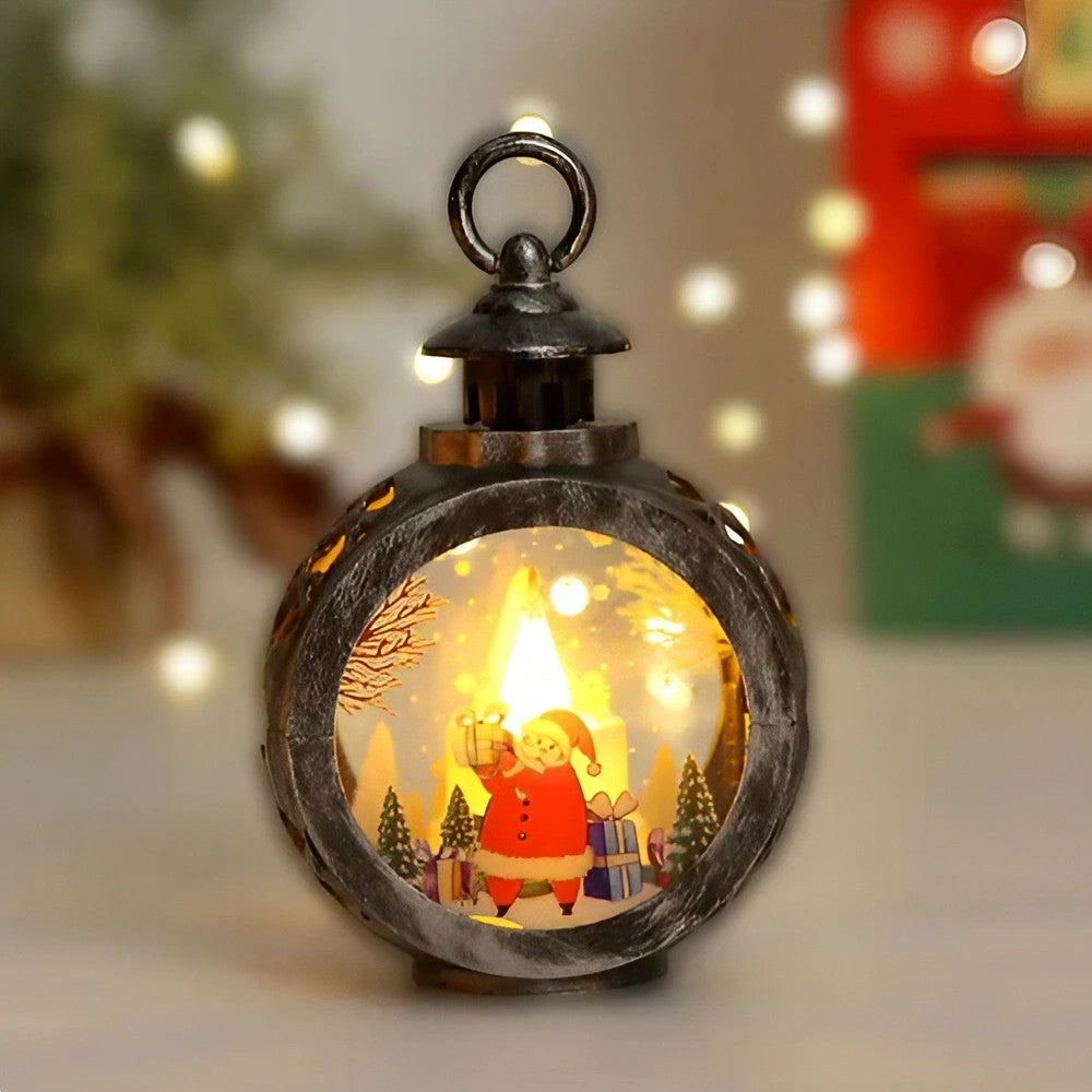 Decoratiune Craciun tip Felinare cu baterii, 13.5 x 9 cm,Lumanare cu geam si inscriptie Mos Craciun,lumina alb cald,baterii incluse,Bronz Argintiu