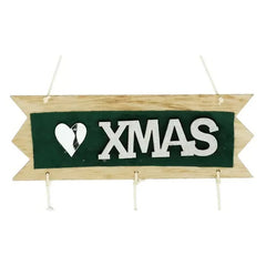 Decoratiune Craciun din Lemn, Kadeny, Model Scris Xmas, Conuri Atarnate, cu Inimioara 25x9 cm, pentru Brad sau Usa, Verde/Argintiu
