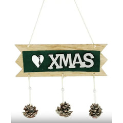 Decoratiune Craciun din Lemn, Kadeny, Model Scris Xmas, Conuri Atarnate, cu Inimioara 25x9 cm, pentru Brad sau Usa, Verde/Argintiu