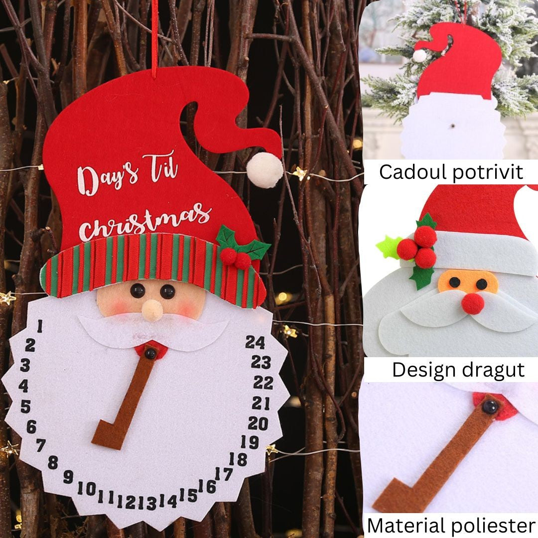 Decoratiune de Craciun Kaveny, Advent calendar, numara zilele pana la Craciun, model Mos Craciun, material poliester, 37 x 22 cm, rosu