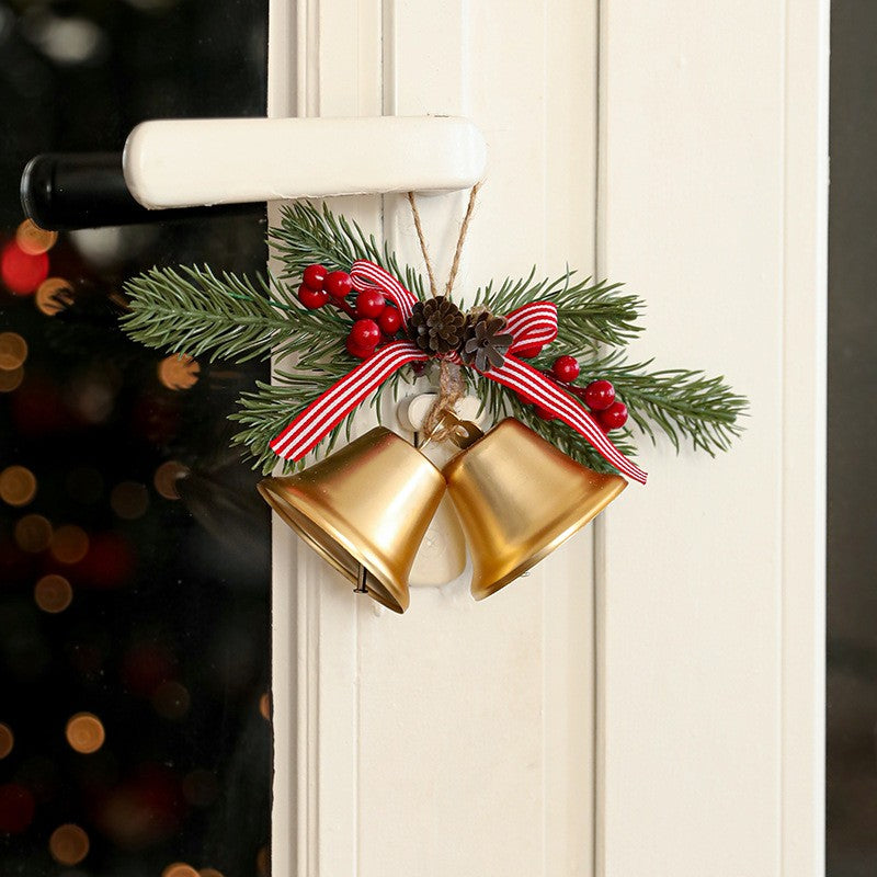 Decoratiune de Craciun pentru Brad, Kadeny, Model 2 Clopotei de Craciun cu Crenguta de Brad, Decoratiune pentru Interior de Craciun, Auriu