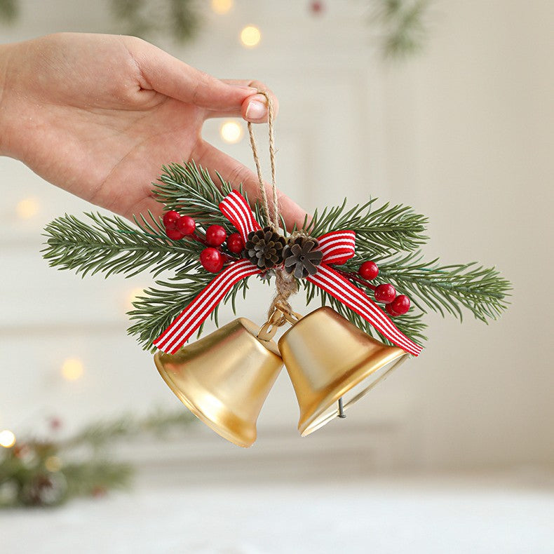 Decoratiune de Craciun pentru Brad, Kadeny, Model 2 Clopotei de Craciun cu Crenguta de Brad, Decoratiune pentru Interior de Craciun, Auriu