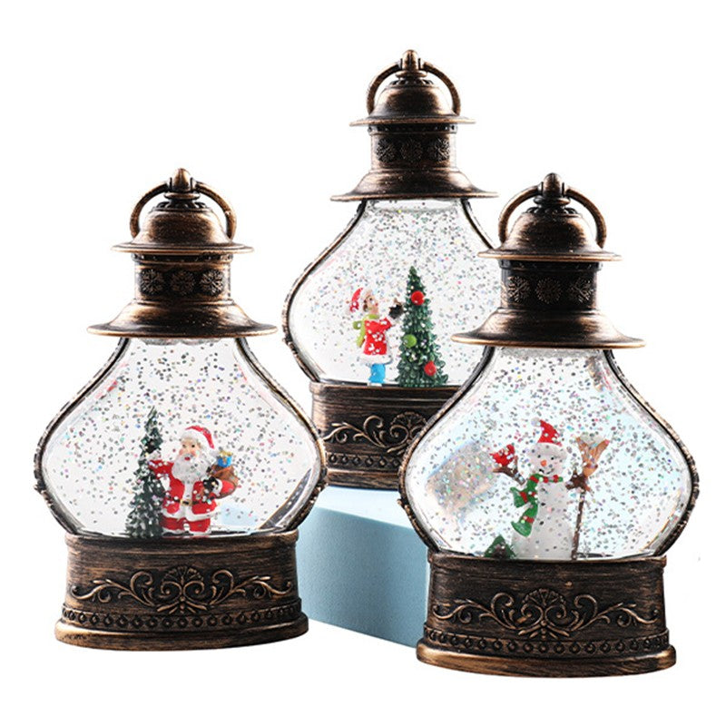 Decoratiune de Craciun tip Felinar, Kadeny, Glob de Cristal cu Fulgi de Zapada, Model Om de Zapada, Ornamentat cu Luminite Interioare, 14.5 x 9 x 3 cm, Rama Neagra, Transparent