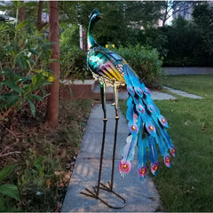Decoratiune de Gradina cu Lampa solara, Kaveny, Model Paun, Iluminare Led si Incarcare Solara, 91.5 x 45 x 26 cm, din Fier, Albastru azur