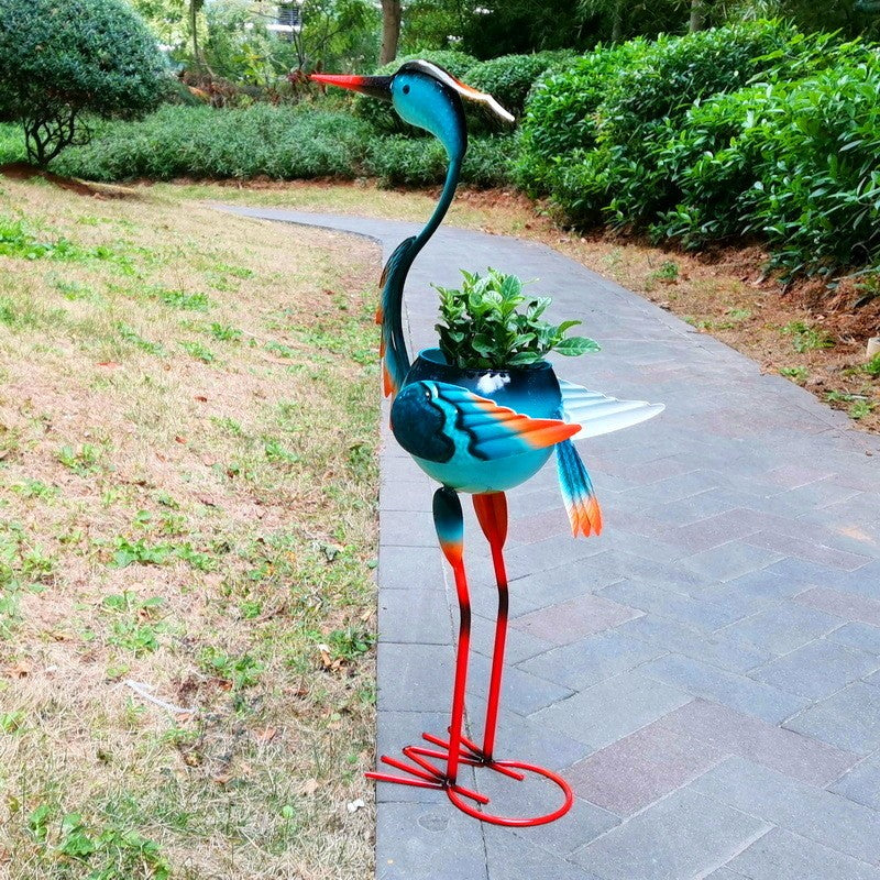 Decoratiune pentru Gradina, Kaveny, Flamingo pentru Gradina cu Suport pentru Plante Flori, Ornament de Ghiveci de Flori, Model Flamingo, din Fier, 71 x 34 x 22 cm, Albastru