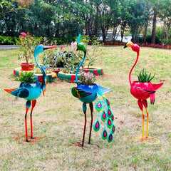 Decoratiune pentru Gradina, Kaveny, Flamingo pentru Gradina cu Suport pentru Plante Flori, Ornament de Ghiveci de Flori, Model Flamingo, din Fier, 71 x 34 x 22 cm, Albastru