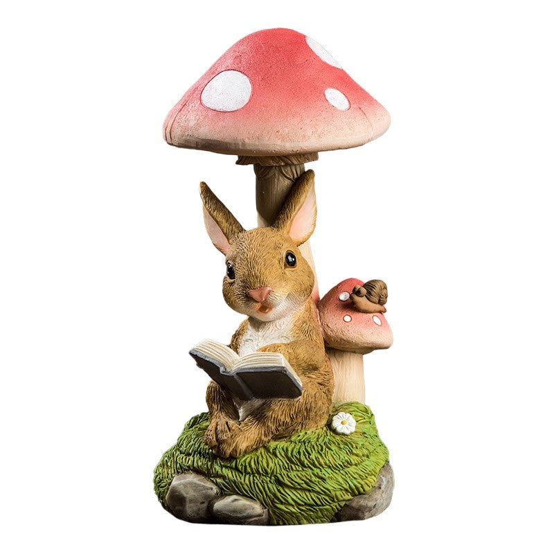 Decoratiune pentru Gradina, Kadeny, Lumini LED cu Incarcare solara, 19.5 x 9.5 x 9.5 cm, Model Ciuperca cu Iepuras care Citeste, Maro deschis