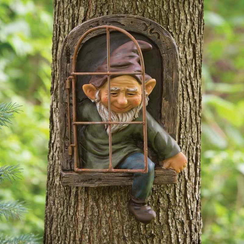 Decoratiune pentru Gradina, Kadeny, Model Elf pentru Pom, Statuie pentru Gradina din Rasina, Decor pentru Gradina, Elf, 14.5 x 8 x 15 cm, Maro