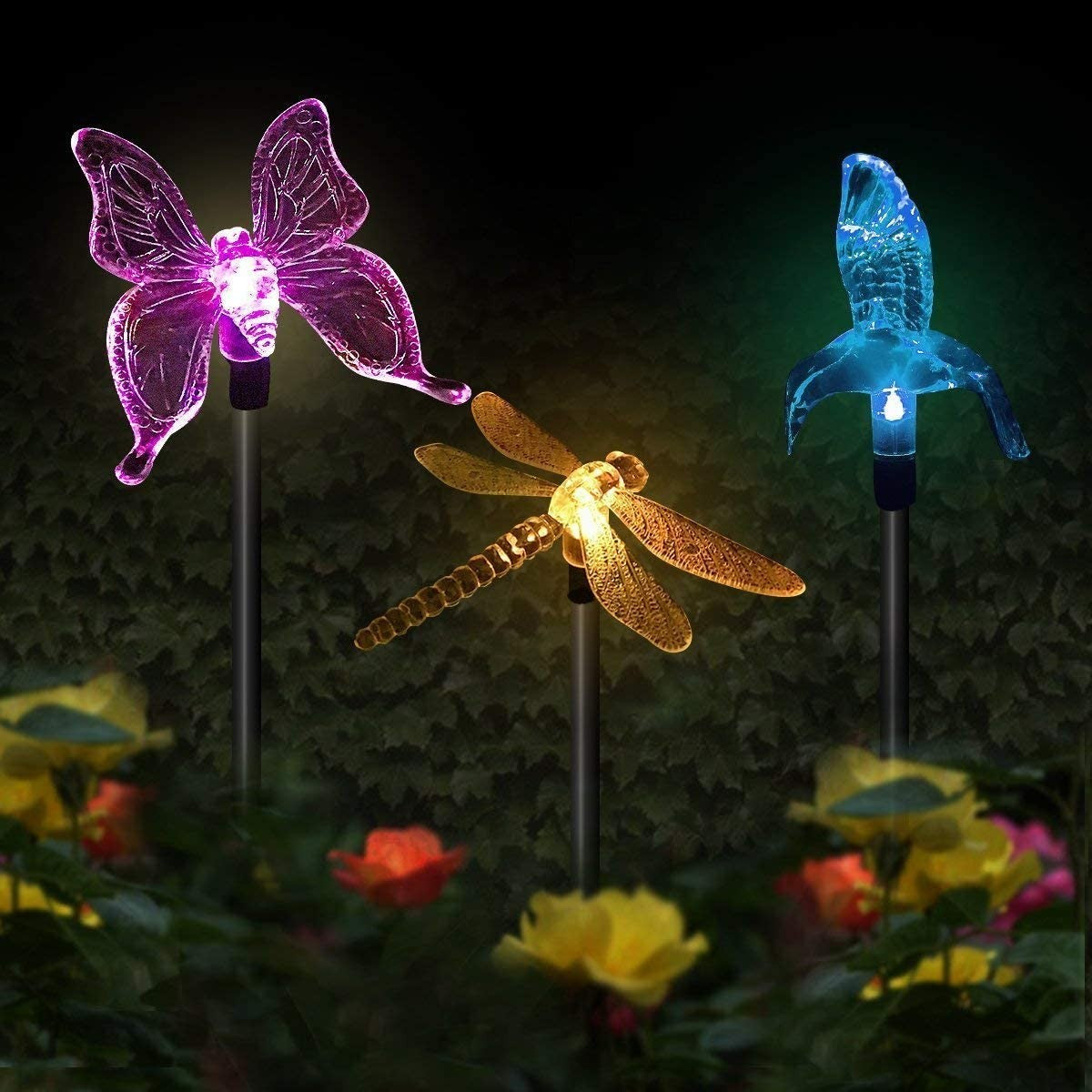 Set 3 Lampi Solare LED tip pasare-fluture-libelula, Inaltime 43 cm, Kaveny, Multicolor