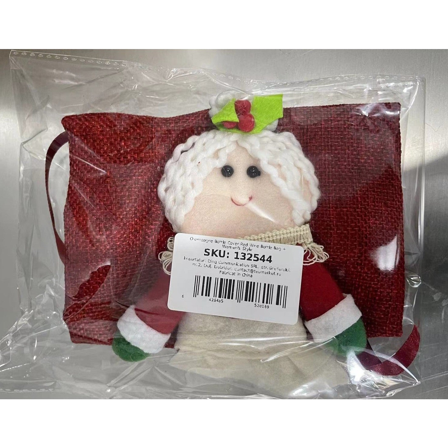 Decoratiune pentru Sticla de Vin, Kadeny, Tema Craciun, Model Doamna Craciun, 14 x 29 cm, Rosu