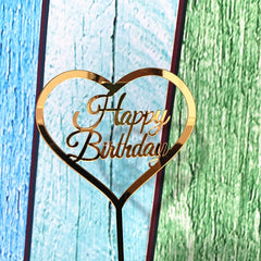 Decoratiune Topper pentru Tort, Kaveny, Model Inimioara Scris Happy Birthday, Tematica Aniversare, Auriu