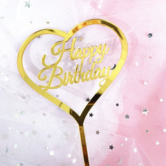 Decoratiune Topper pentru Tort, Kaveny, Model Inimioara Scris Happy Birthday, Tematica Aniversare, Auriu