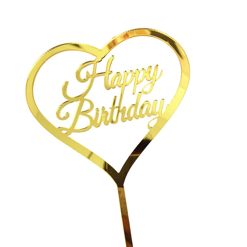 Decoratiune Topper pentru Tort, Kaveny, Model Inimioara Scris Happy Birthday, Tematica Aniversare, Auriu