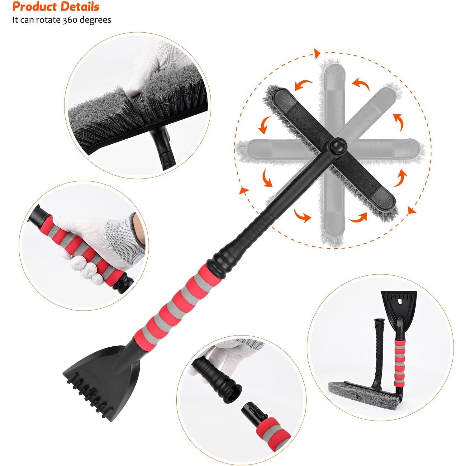 Perie de Zapada cu Racleta pentru Masina, Kadeny, Multifunctionala, Rotativa, Demontabila, cu Maner Antiderapant, Aluminiu, Plastic, Fragmentarea Ghetii de pe Parbriz, Solutia pentru Iarna, pentru Dezghetare, 54x10.5x27 cm, Rosie