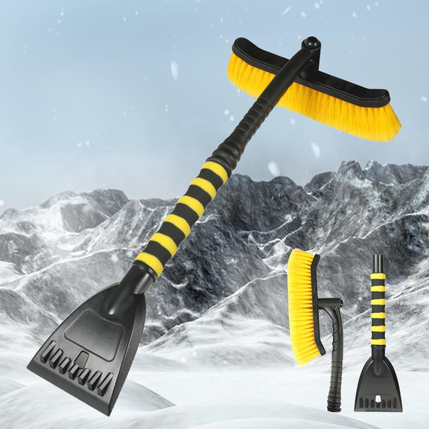 Perie de Zapada cu Racleta pentru Masina, Kadeny, Multifunctionala, Rotativa, Demontabila, cu Maner Antiderapant, Aluminiu, Plastic, Fragmentarea Ghetii de pe Parbriz, Solutia pentru Iarna, pentru Dezghetare, 54x10.5x27 cm, Galbena