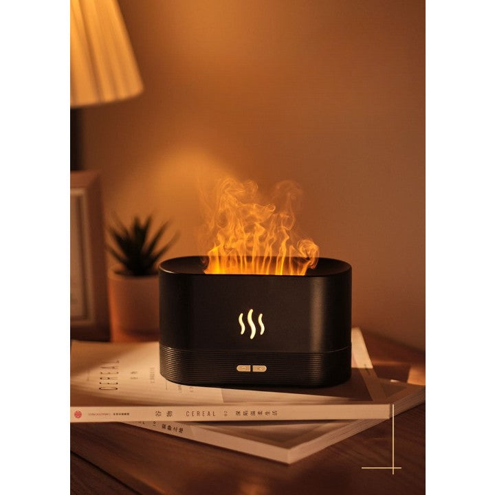 Difuzor de ulei esential cu flacara Kaveny, aromaterapie, umidificator de aer, rezervor 180 ml, simulare efectelor de iluminare a flacarii, lumina veghe ajustabila, negru