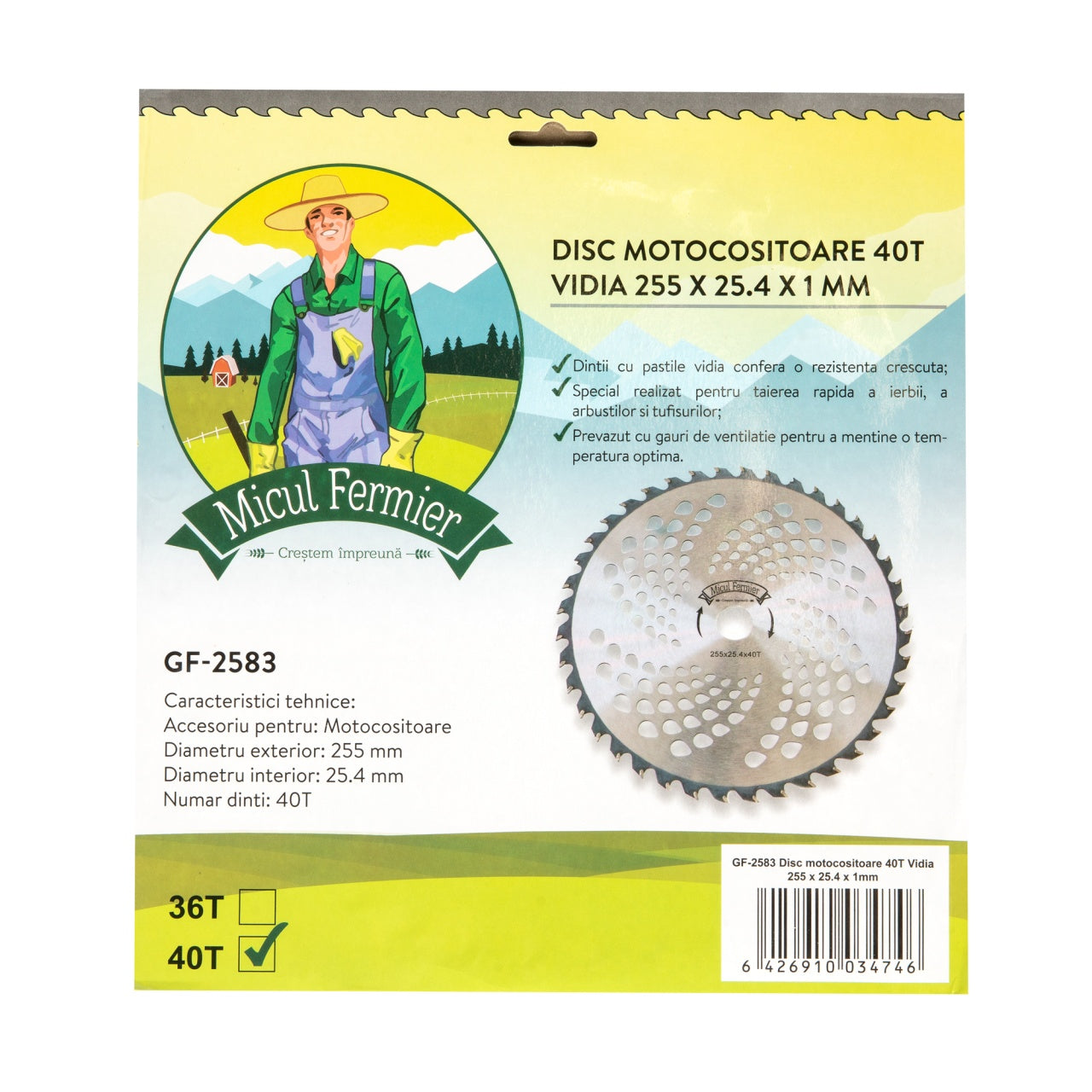 Disc motocoasa Micul Fermier, 40T, vidia, grosime 1mm, Ø255mm