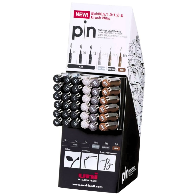 Display 72x Liner UNI PIN-200, pe baza de apa, 36x varf 0.9-1.2mm + 36x pensula, negru, gri deschis, gri inchis, sepia