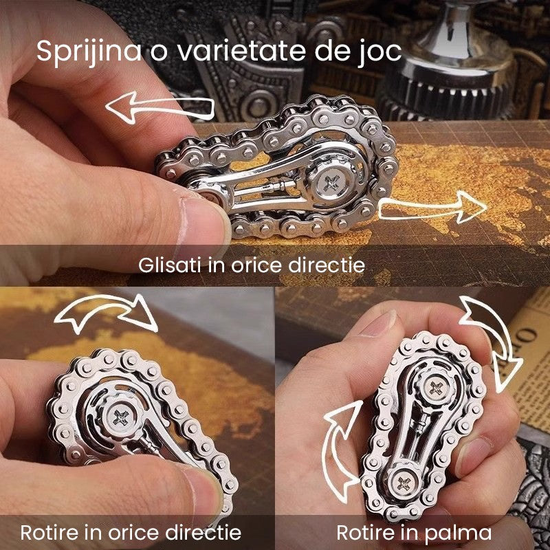 Jucarie Fidget Spinner Premium Anti Stres, Kaveny, Giroscop din Aliaj, Jucarie din Metal de decompresie, forma Lant de Angrenaj de Bicicleta, 6 x 3.5 cm, Argintiu