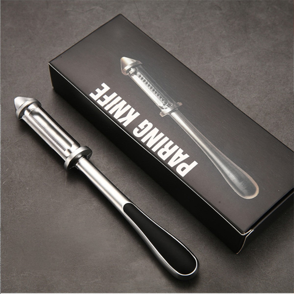 Peeler 2in1 pentru Legume si Fructe, Kadeny, Multifunctional, cu 2 Lame de Curatati si Feliat, Varf Ascutit pentru Gaurit, 18 cm, din Otel Inoxidabil, Argintiu/Negru