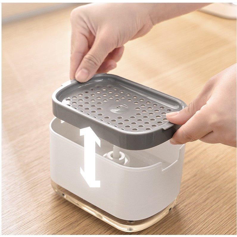 Dozator Kadeny, Dispenser 2 in 1 pentru Detergent Lichid de Vase sau pentru Obiecte Sanitare cu Suport pentru Burete de Bucatarie , 8.6 x 14.5 x 10 cm, capacitate 300 ml, alb