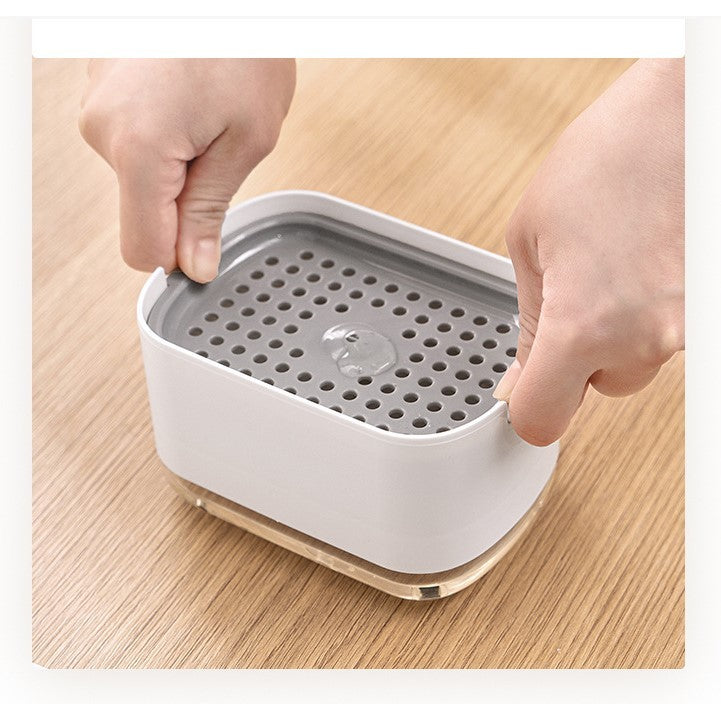 Dozator Kadeny, Dispenser 2 in 1 pentru Detergent Lichid de Vase sau pentru Obiecte Sanitare cu Suport pentru Burete de Bucatarie , 8.6 x 14.5 x 10 cm, capacitate 300 ml, alb