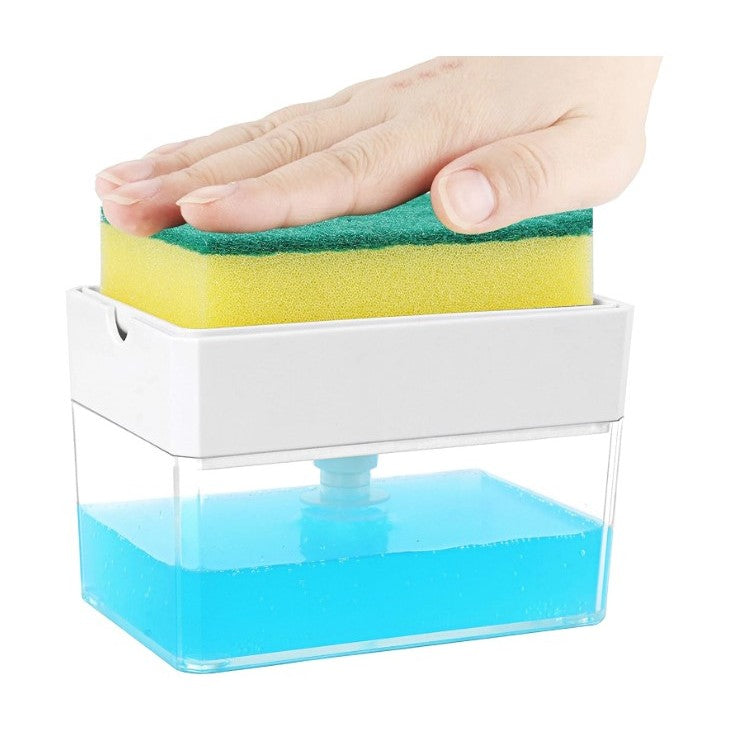 Dozator Kadeny, Dispenser 2 in 1 pentru Detergent Lichid de Vase sau pentru Obiecte Sanitare cu Suport pentru Burete de Bucatarie ,14 x 10.5 x 10 cm, capacitate 380 ml, alb