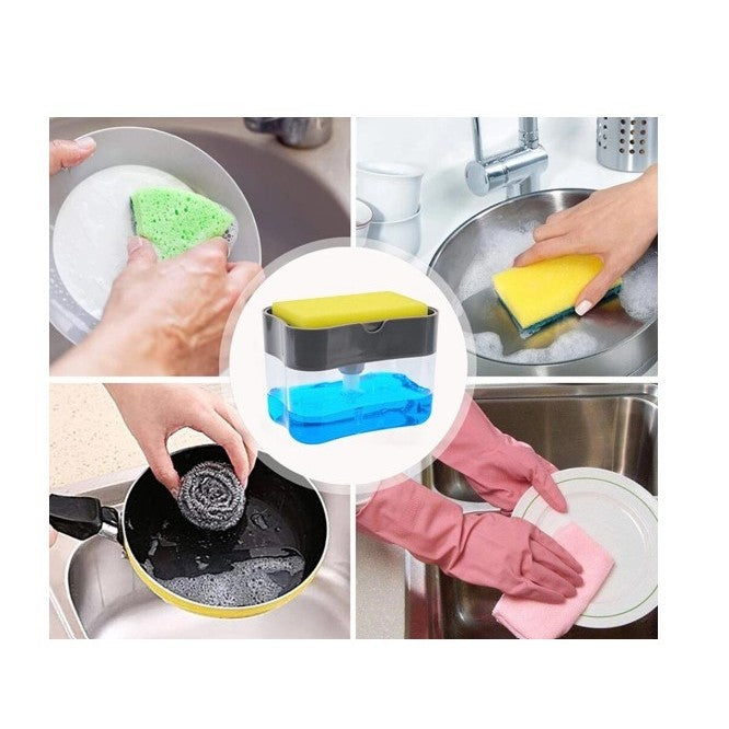 Dozator Kadeny, Dispenser 2 in 1 pentru Detergent Lichid de Vase sau pentru Obiecte Sanitare cu Suport pentru Burete de Bucatarie ,14 x 10.5 x 10 cm, capacitate 380 ml, gri