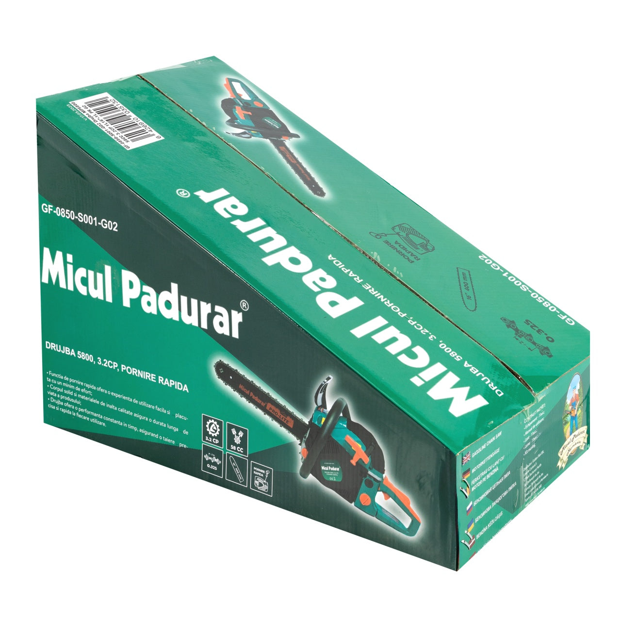 Drujba Micul Padurar 5800, capacitate cilindrica 58cc, 3.2 CP, 1 lant 16" + 1 lama, pornire rapida