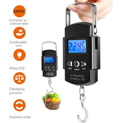 Cantar Digital de Mana cu Carlig, Kadeny, Cantar Portabil, Pescuit, cu Maner, Capacitate 50 kg, cu Metru Incorporat, 20.5 x 6 x 2.5 cm, Negru