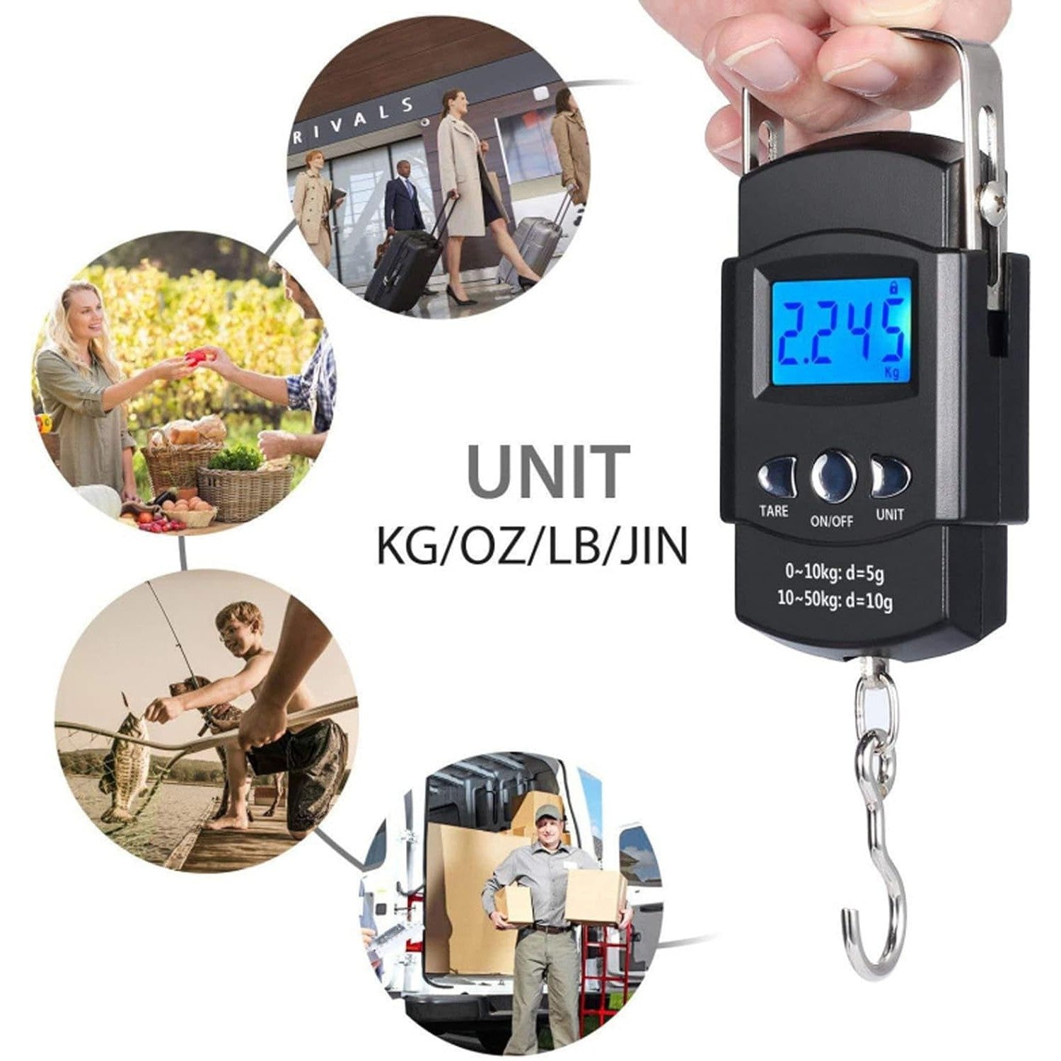 Cantar Digital de Mana cu Carlig, Kadeny, Cantar Portabil, Pescuit, cu Maner, Capacitate 50 kg, cu Metru Incorporat, 20.5 x 6 x 2.5 cm, Negru