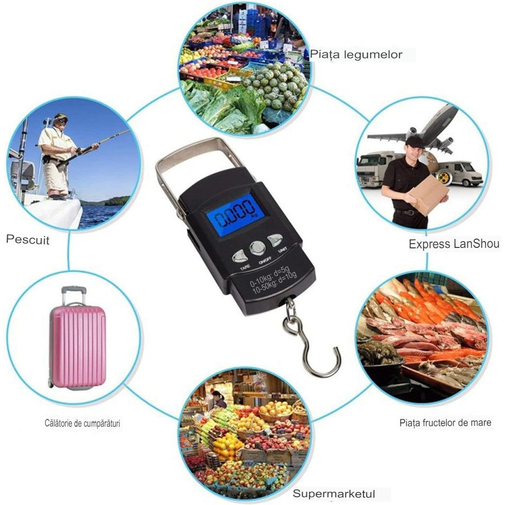 Cantar Digital de Mana cu Carlig, Kadeny, Cantar Portabil, Pescuit, cu Maner, Capacitate 50 kg, cu Metru Incorporat, 20.5 x 6 x 2.5 cm, Negru