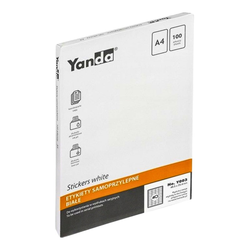Etichete autocolante Grand Yanda Y003, 40/A4, 48.5x25.4mm, permanente, colturi drepte, alb, top 100 coli