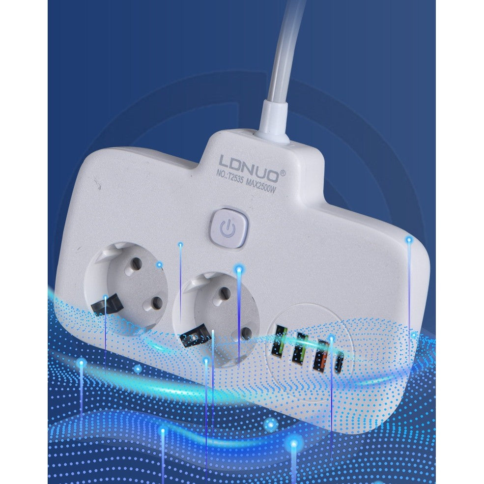 Adaptor Priza, Kadeny, 6 in 1, 2 Prize Standard, 3 Porturi USB, 1 Port Tip C, Buton Oprire, 2500W, din PC, Alb