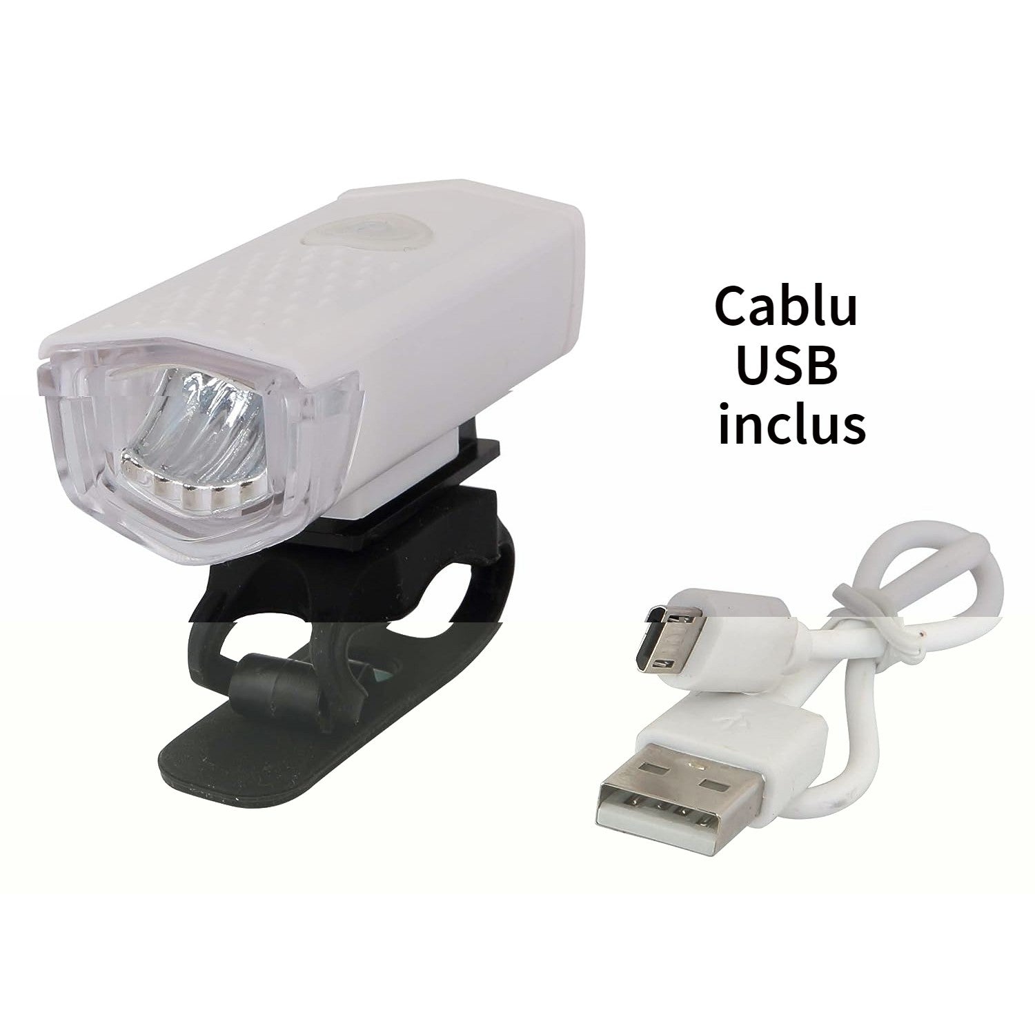 Far cu LED proiector pentru bicicleta\trotineta, Kaveny, reincarcabil, cablu USB inclus, 3 moduri de lumina, IPX4, Alb, 6.5x2.9x2.3 cm