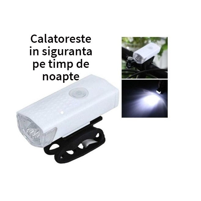 Far cu LED proiector pentru bicicleta\trotineta, Kaveny, reincarcabil, cablu USB inclus, 3 moduri de lumina, IPX4, Alb, 6.5x2.9x2.3 cm