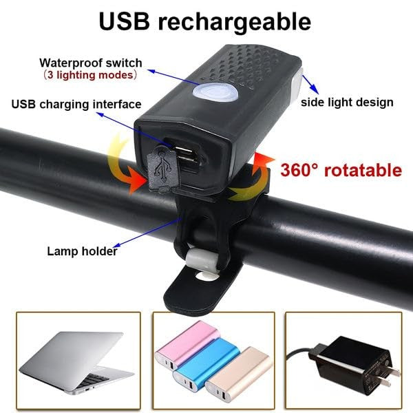 Far cu LED proiector pentru bicicleta\trotineta, Kaveny, reincarcabil, cablu USB inclus, 3 moduri de lumina, IPX4, Negru, 6.5x2.9x2.3 cm