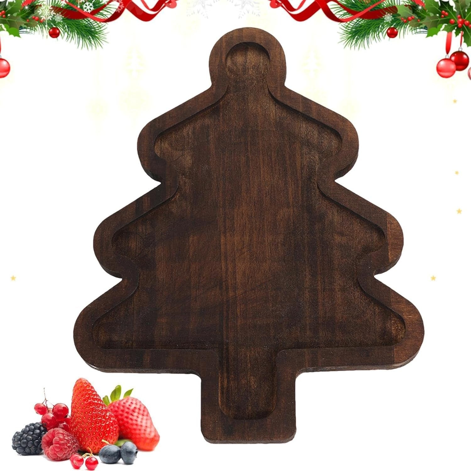 Farfurie cu Tematica de Craciun, Kadeny, din Lemn, Margini Rotunjite, Model Brad, Maro