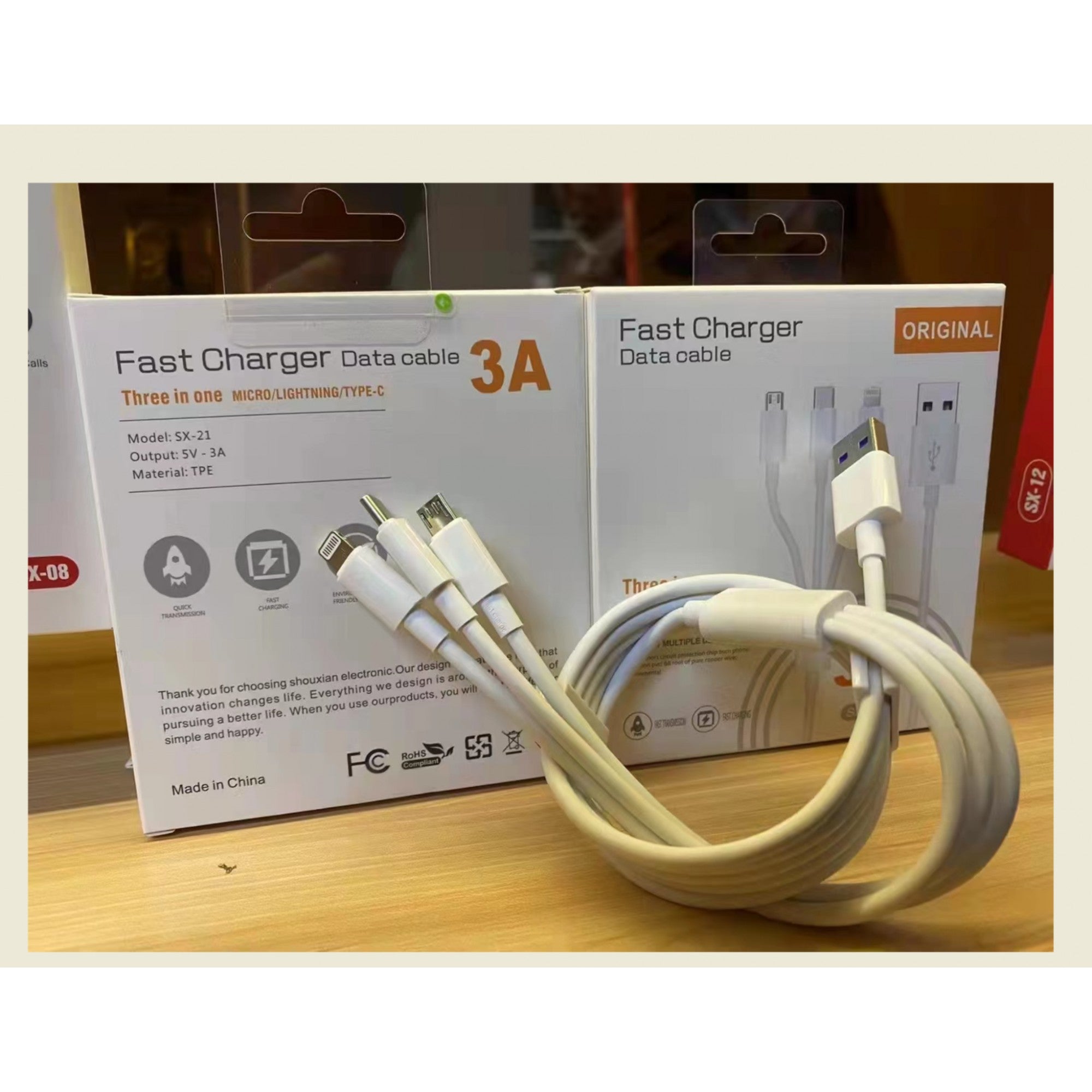 Cablu USB 3in1 Kadeny SX - 21, USB la micro USB/USB-C/compatibil iphone, 3A, 1.2m (alb)