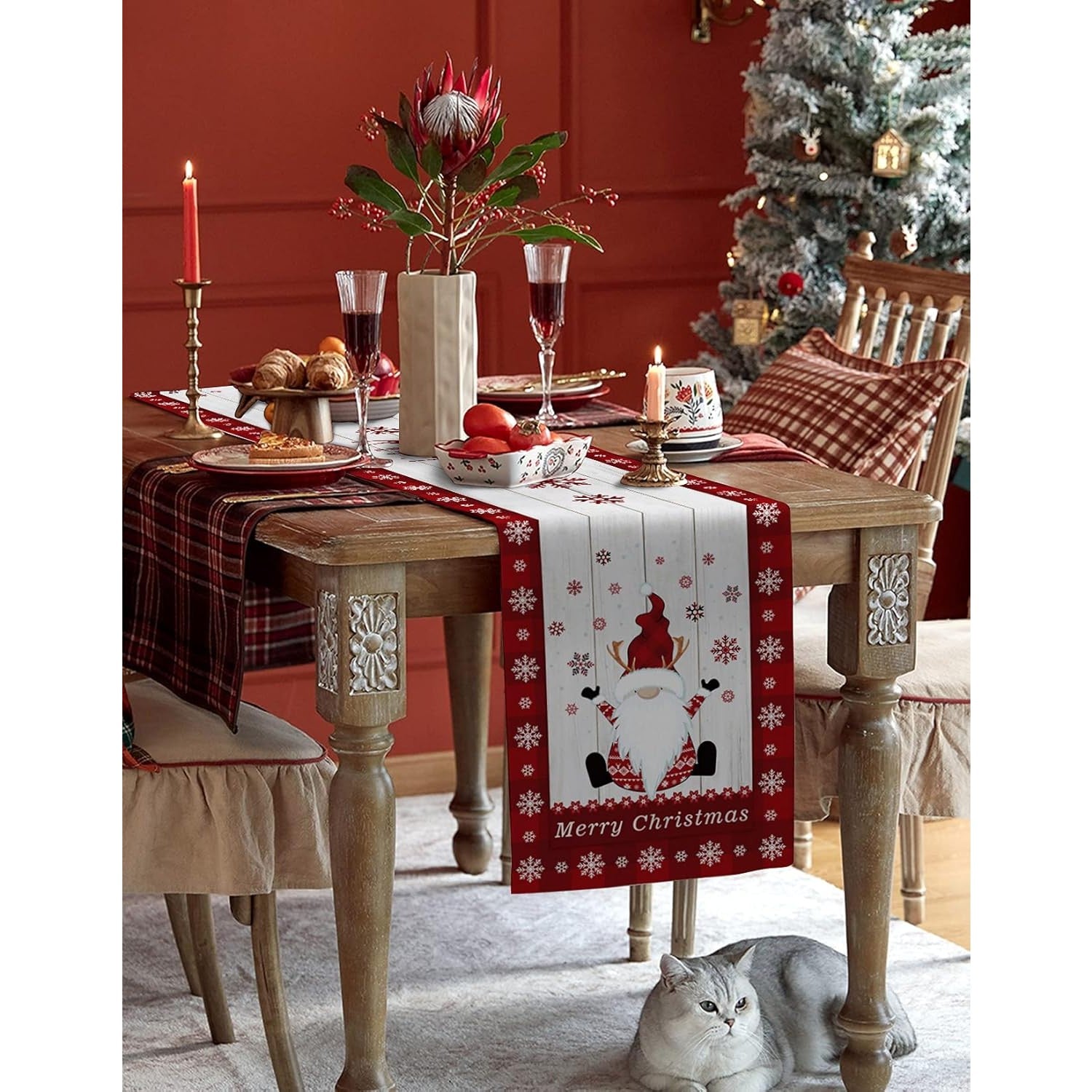 Fata de Masa Craciun, Kadeny, Model 1 Elfi si Reni, din Textil, 33x180cm, Alb/Rosu