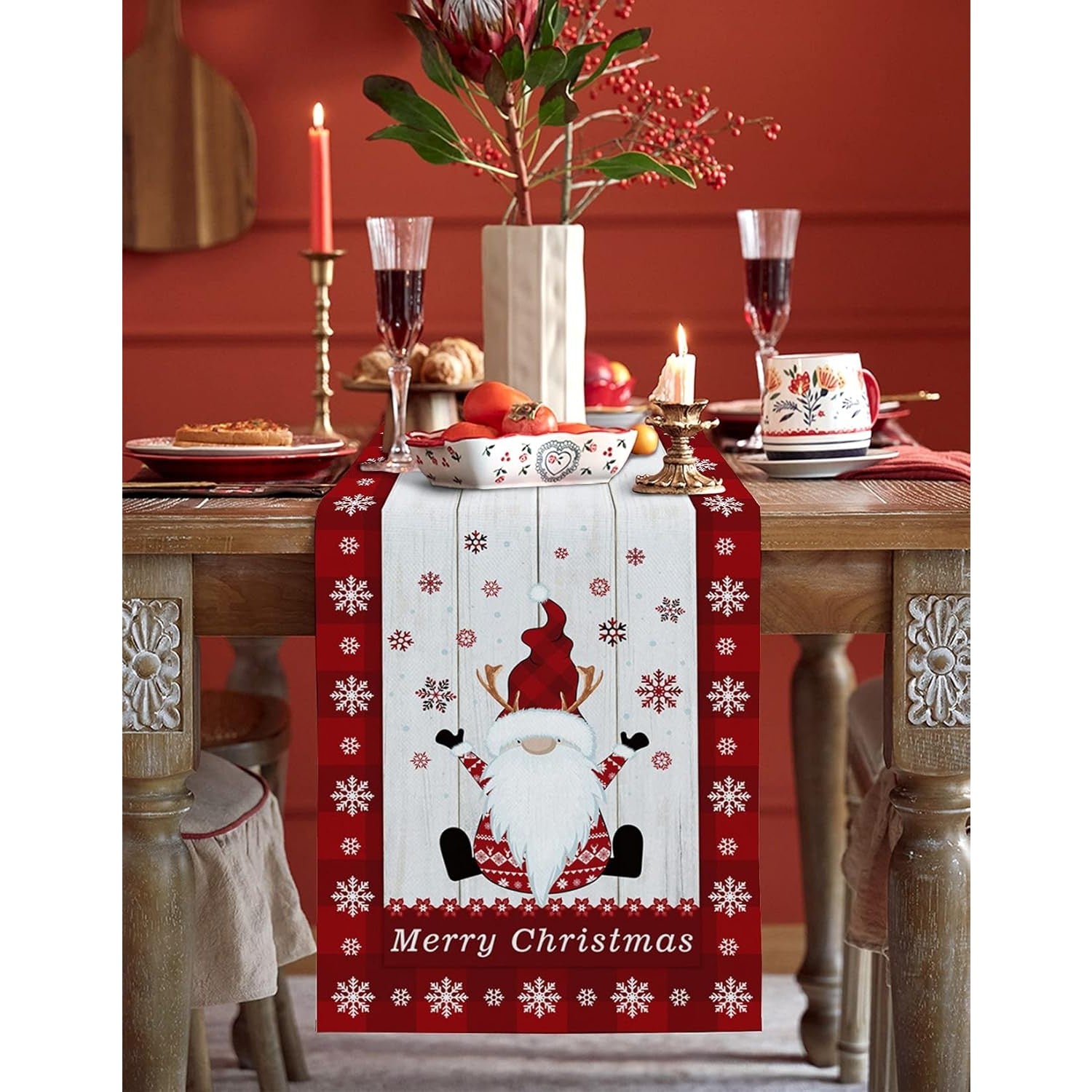 Fata de Masa Craciun, Kadeny, Model 1 Elfi si Reni, din Textil, 33x180cm, Alb/Rosu