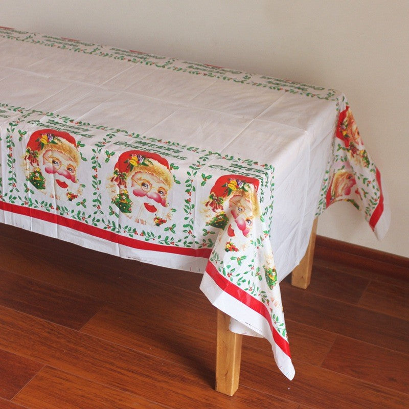 Fata de masa dreptunghiulara Kaveny, PVC, 2.5 mm grosime, imprimeu Mos Craciun, potrivit pentru Craciun, utilizare multipla, 180 x 108 cm, alb