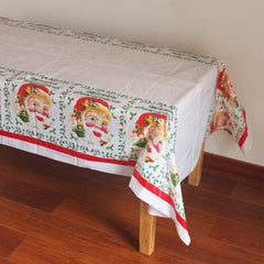 Fata de masa dreptunghiulara Kaveny, PVC, 2.5 mm grosime, imprimeu Mos Craciun, potrivit pentru Craciun, utilizare multipla, 180 x 108 cm, alb
